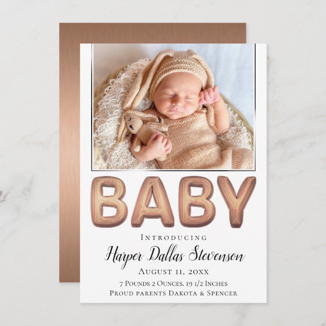 Baby Balloon | Elegant Rose Gold Baby Photo Announcement (Front/Back)