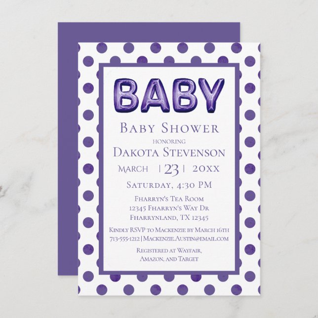 Baby Balloon | Royal Violet Purple Baby Shower Invitation (Front/Back)