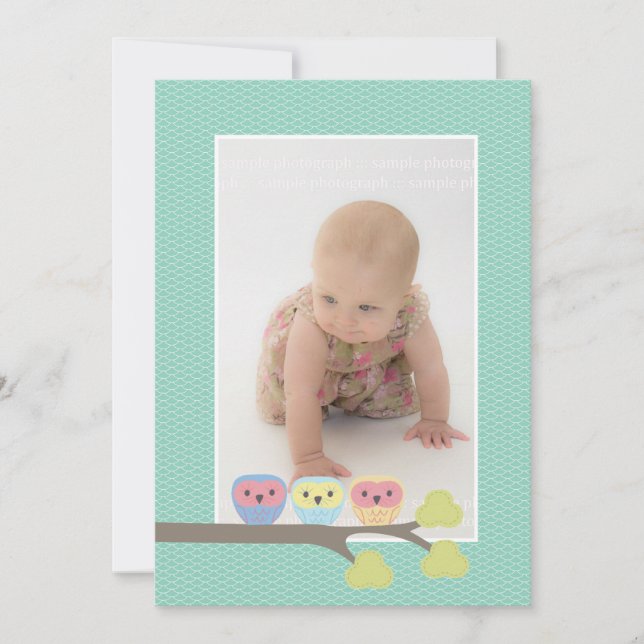 Baby Baptism Christening Aqua Owls Photo Invite (Front)