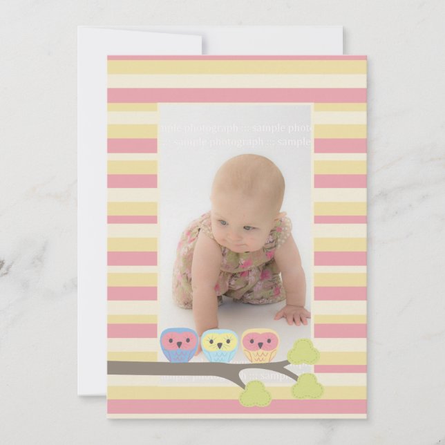 Baby Baptism Christening Cute Owls Photo Invite (Front)