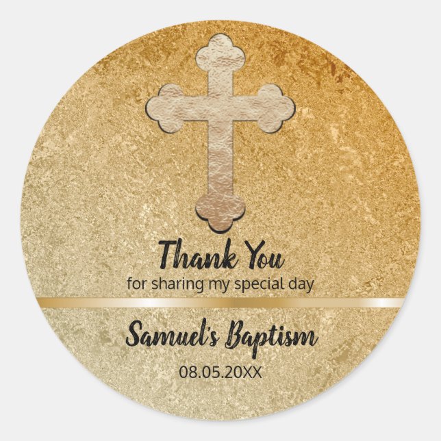 Baby Baptism Favour | Thank You Elegant Gold Cross Classic Round Sticker (Front)