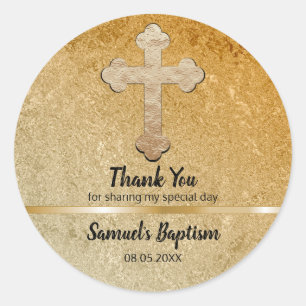 Baby Baptism Favour   Thank You Elegant Gold Cross Classic Round Sticker