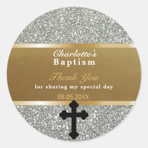 Baby Baptism Favour   Thank You Elegant Gold Silve Classic Round Sticker
