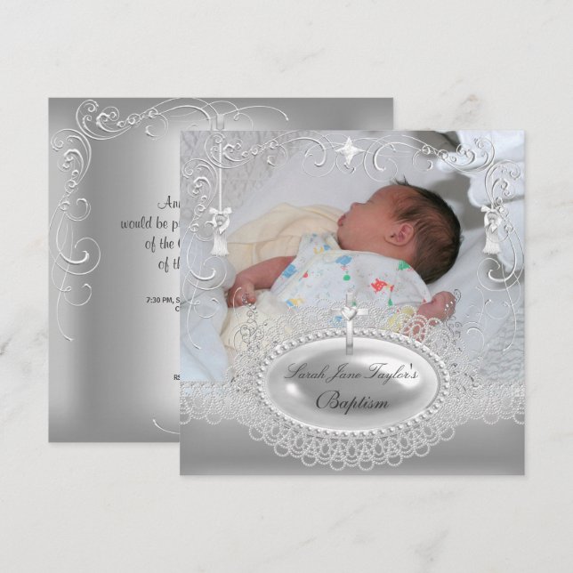 Baby Baptism Girl Boy Christening Silver Pearl Invitation (Front/Back)