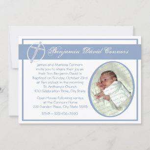 Baby Baptism Photo Blue Invitation