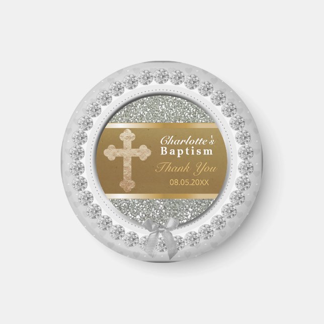 Baby Baptism Thank You Keepsake Gold Cross Silver Magnet (Front)
