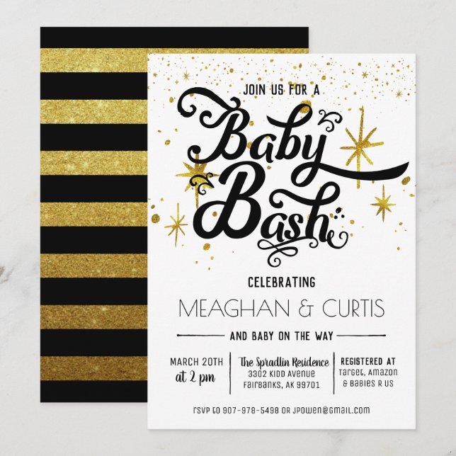 Baby Bash Invitation | Black, White & Gold (Front/Back)