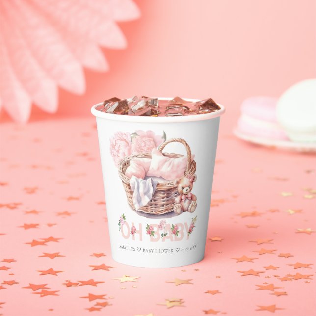 Baby Basket Floral Pastel Pink Baby Shower Paper Cups (Insitu)