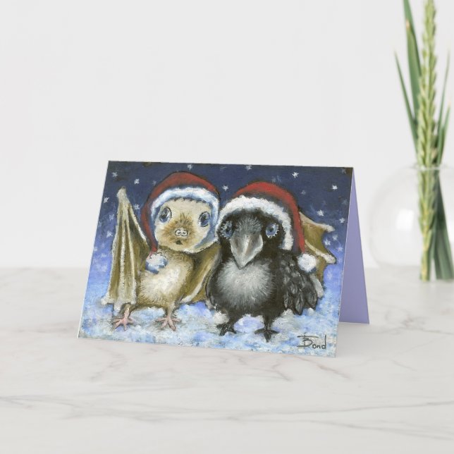 Baby bat and raven holiday card (Front)