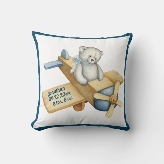 Baby Bear Aeroplane Watercolor Baby Boy Vintage Cushion (Front)