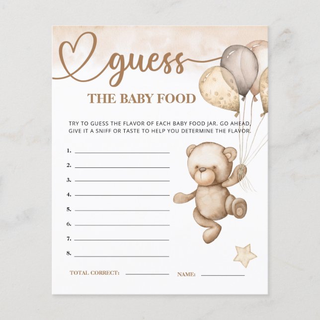 Baby Bear Baby Shower Guess the Baby Food Card (Front)