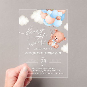 Baby Bear, Blue Balloons, First Birthday Acrylic Invitations