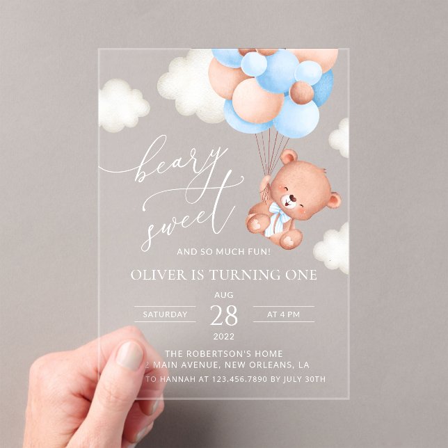 Baby Bear, Blue Balloons, First Birthday Acrylic Invitations (Insitu (Handheld))
