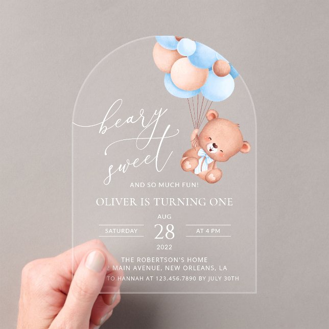 Baby Bear, Blue Balloons, First Birthday Acrylic Invitations (Insitu (Handheld))