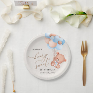 Baby Bear, Blue Balloons, First Birthday Paper Plate