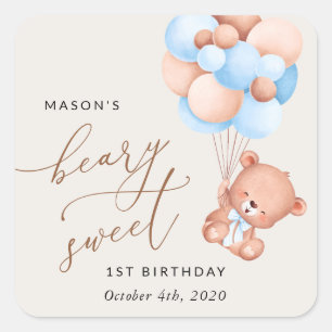 Baby Bear, Blue Balloons, First Birthday Square Sticker