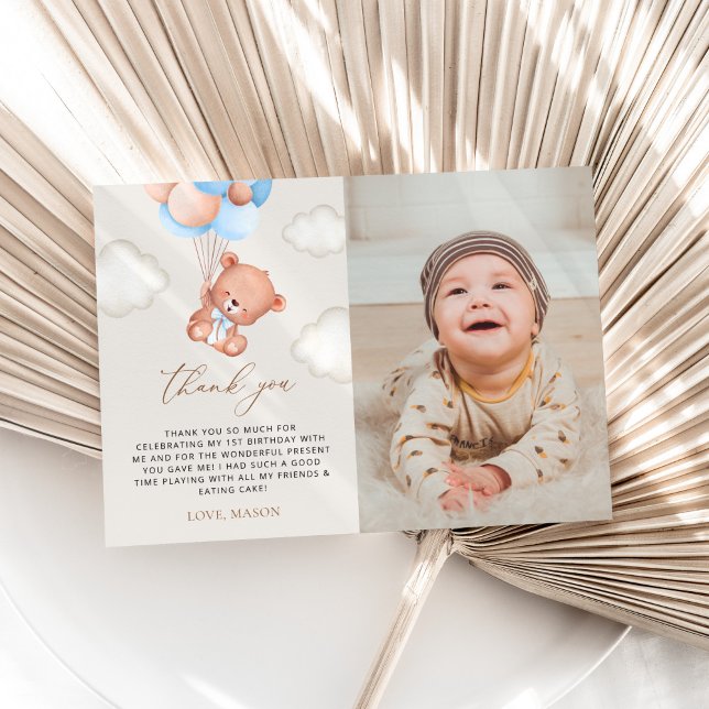 Baby Bear, Blue Balloons, First Birthday Thank You Card (Creator Uploaded)