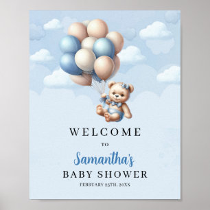 Baby bear blue ivory balloons Baby Shower welcome Poster