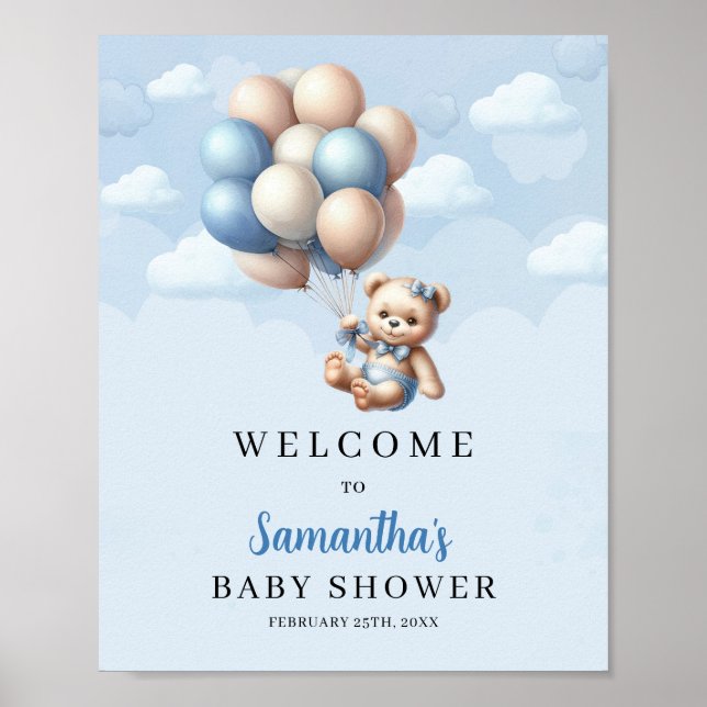 Baby bear blue ivory balloons Baby Shower welcome Poster (Front)
