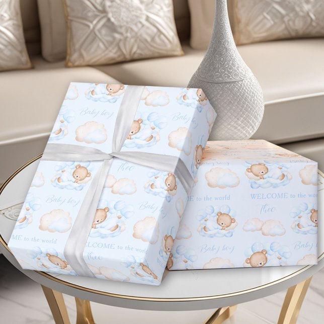 Baby Bear Blue Newborn Baby Boy Name Wrapping Paper (Baby Bear Blue Newborn Baby Boy Name Wrapping Paper)