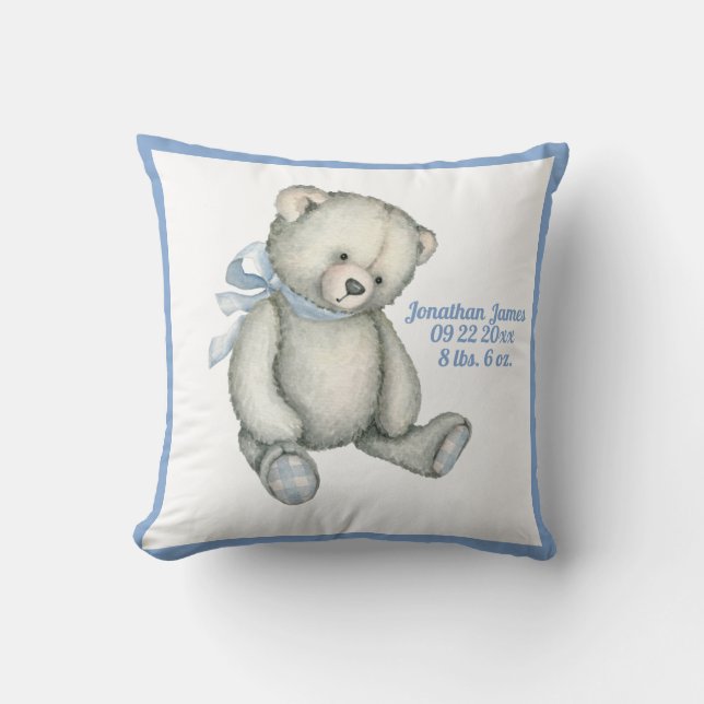 Baby Bear Blue Ribbon Watercolor Baby Boy Vintage Cushion (Front)