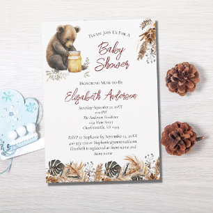 Baby Bear Boho Brown Botanical Floral Baby Shower  Invitation