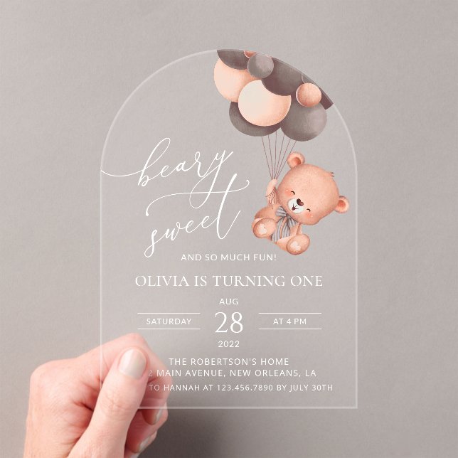 Baby Bear, Brown Balloons, First Birthday Acrylic Invitations (Insitu (Handheld))