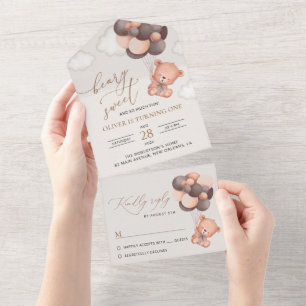 Baby Bear, Brown Balloons, First Birthday All In One Invitation