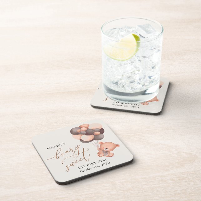 Baby Bear, Brown Balloons, First Birthday Coaster (Right Side)
