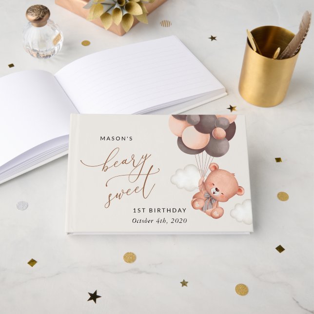 Baby Bear, Brown Balloons, First Birthday Guest Book (Front Open)