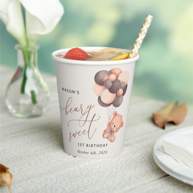 Baby Bear, Brown Balloons, First Birthday Paper Cups (Insitu)