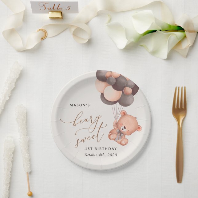 Baby Bear, Brown Balloons, First Birthday Paper Plate (Wedding)