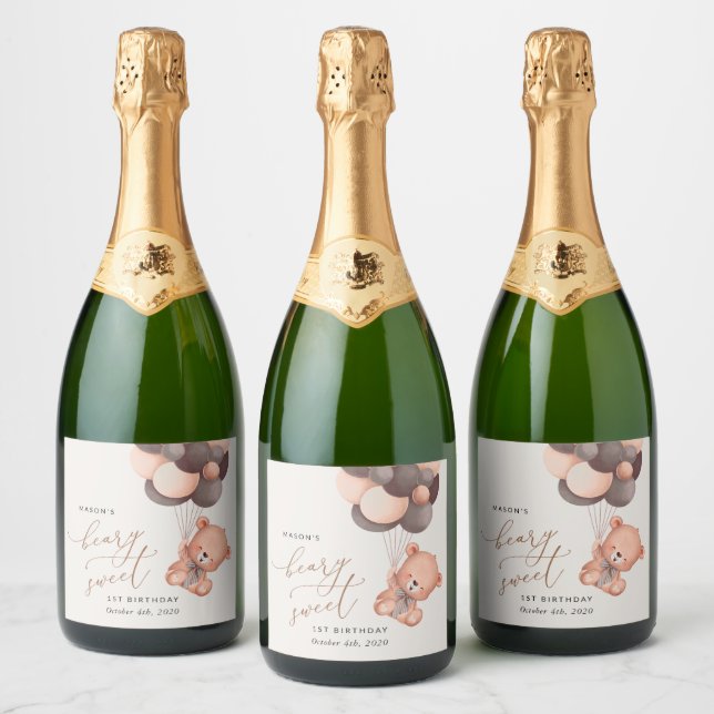 Baby Bear, Brown Balloons, First Birthday Sparkling Wine Label (Bottles)