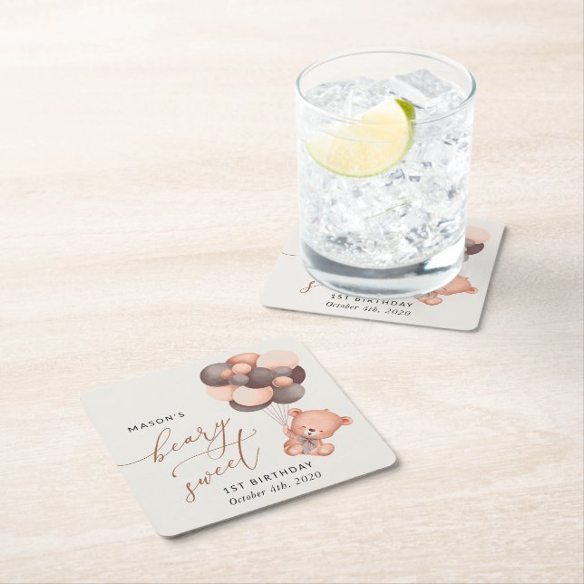 Baby Bear, Brown Balloons, First Birthday Square Paper Coaster (Insitu)