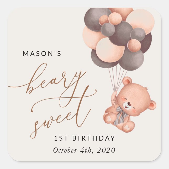 Baby Bear, Brown Balloons, First Birthday Square Sticker (Front)