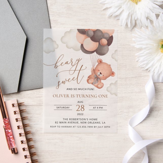 Baby Bear, Brown Balloons, First Birthday Vellum Invitations (Wedding)