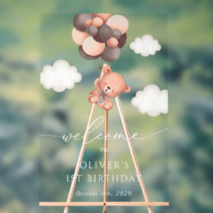 Baby Bear, Brown Balloons, First Birthday Welcome Acrylic Sign