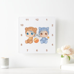 Baby Bear Cat Jumpsuit Twins 2 Square Wall Clock