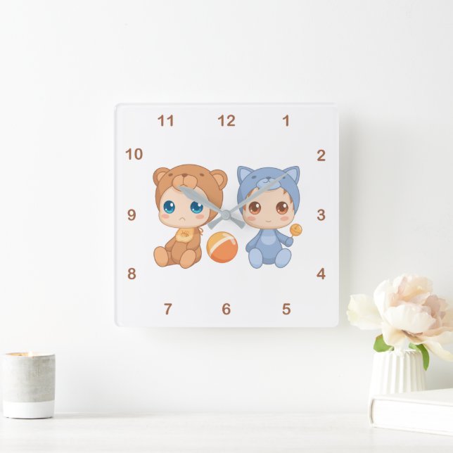Baby Bear Cat Jumpsuit Twins 2 Square Wall Clock (Home)