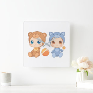 Baby Bear Cat Jumpsuit Twins Square Wall Clock