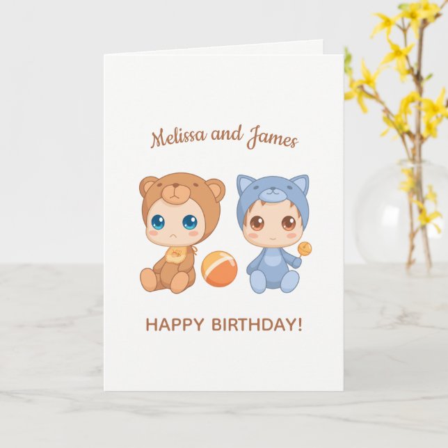 Baby Bear Cat Twins Birthday Custom Name Blank Card (Yellow Flower)