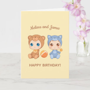 Baby Bear Cat Twins Birthday Yellow Blank Card