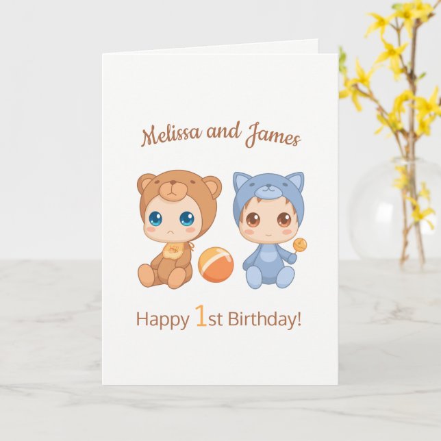 Baby Bear Cat Twins First Birthday Blank Card (Yellow Flower)