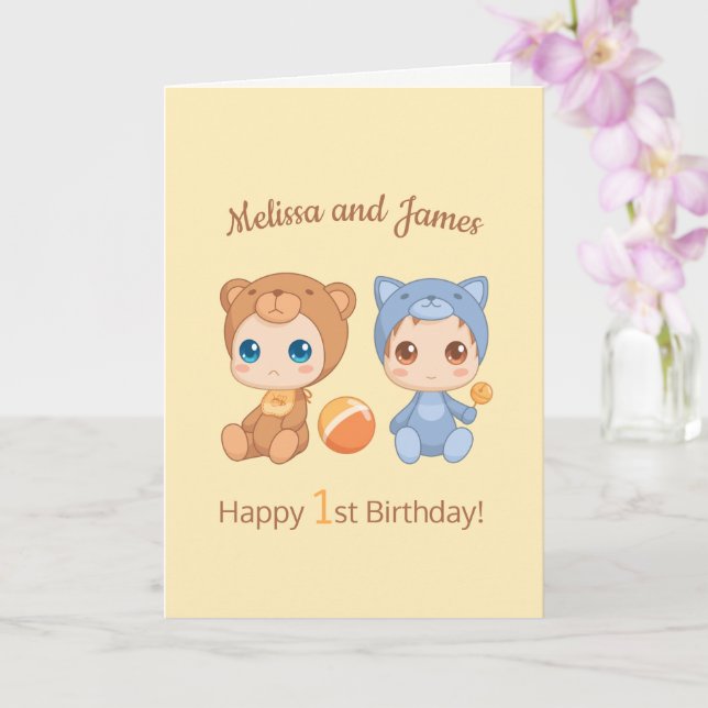 Baby Bear Cat Twins First Birthday Yellow Blank Card (Orchid)