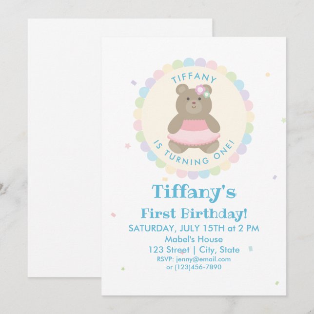Baby Bear Cub Ballerina Girl First Birthday Party Invitation (Front/Back)