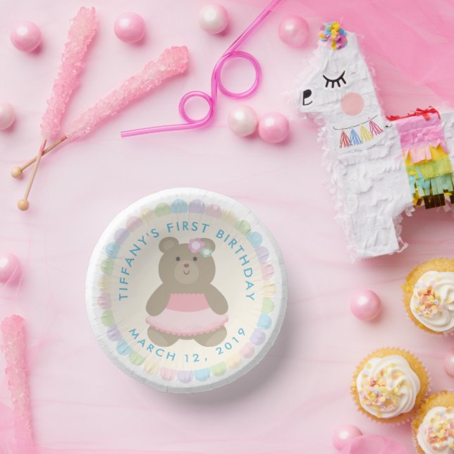 Baby Bear Cub Ballerina Girl First Birthday Party Paper Plate (Party)
