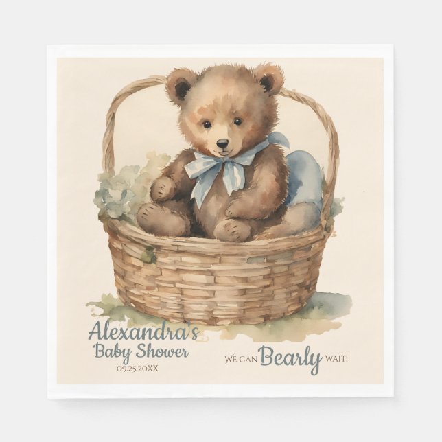 Baby Bear Cub Boys Bearly Wait Baby Shower Napkin (Front)