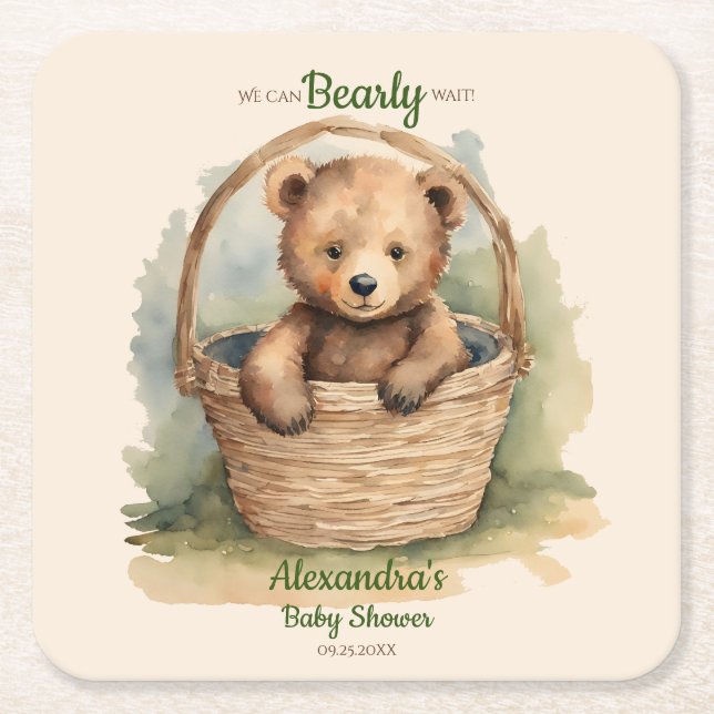 Baby Bear Cub Gender Neutral Baby Shower Square Paper Coaster (Front)