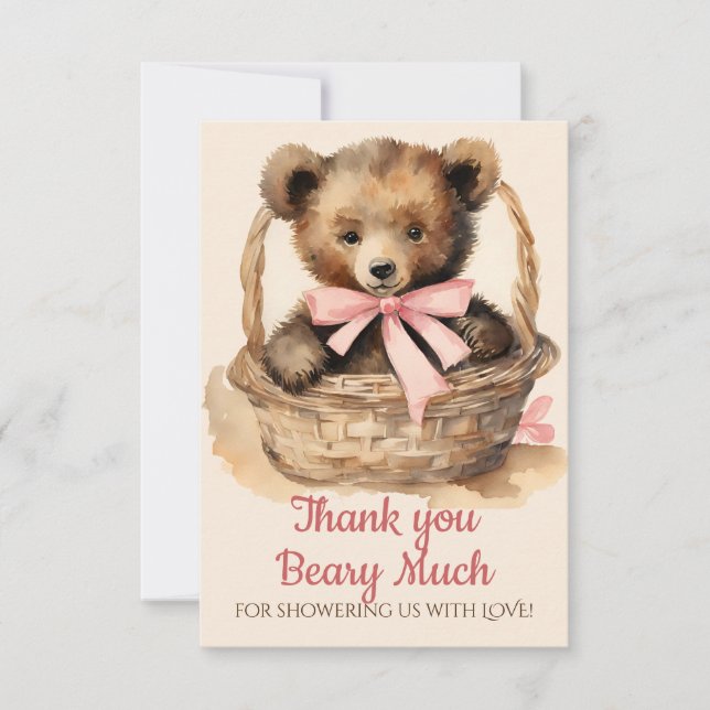 Baby Bear Cub Girls Baby Shower Thank You Card (Front)