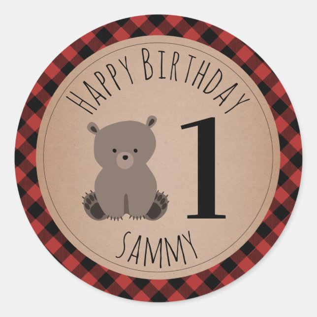 Baby Bear Cub Lumberjack Plaid Birthday Classic Round Sticker (Front)